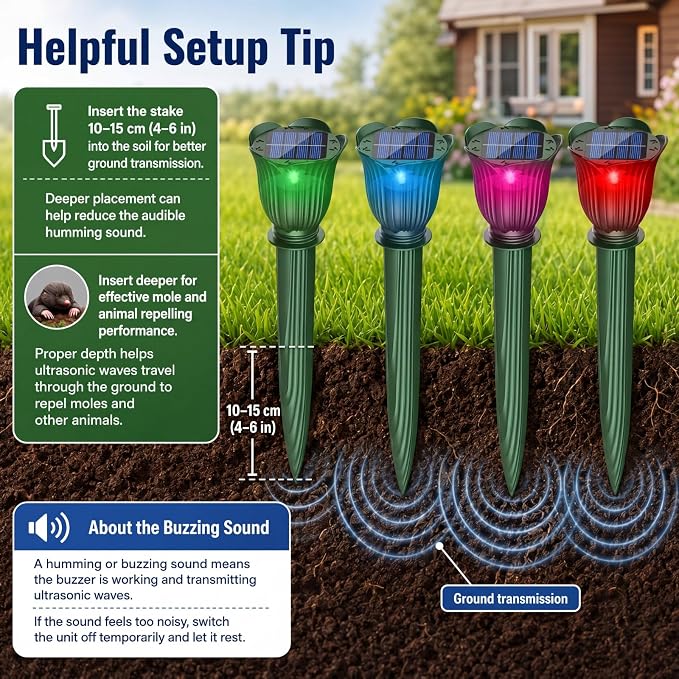 4 Pack Solar Ultrasonic Animal Repellent with RGB Color-Changing Lights, Pest 360° Sonic Deterrent for Outdoor Lawn & Garden, Solar Powered Mole, Snake & Gopher Repellent Stakes (Petal Style)
