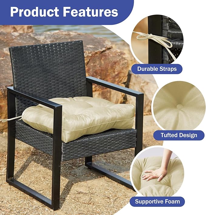 IPYNBAP Outdoor Chair Cushions Set of 2, Patio Chair Cushions with Ties, 17x17+4” Tufted Outdoor Seat Cushions, Waterproof Patio Furniture Cushions, Outdoor Dining Chair Pads, Beige