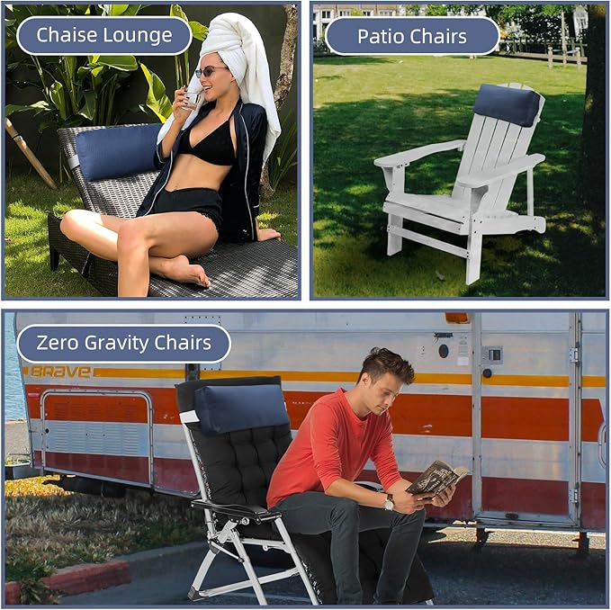 Chaise Lounge Head Pillow, 2 Pack Outdoor Patio Pillows with Adjustable Strap, Lounge Head Resting Pillow for Recliner Beach Pool Lounger Office Chair(Navy,Water Resistant)