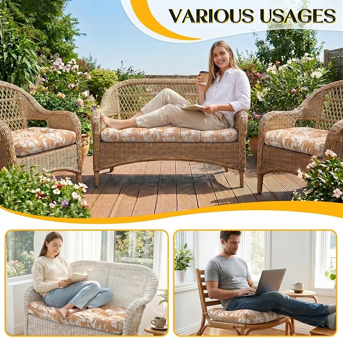 1 MIDDLE ONE Wicker Chair Cushions 3 Pieces Set for Outdoor Furniture, Replacement Patio Wicker Furniture Cushions, 1Pc Loveseat Cushion & 2Pcs Chair Cushions (Tan Monstera)