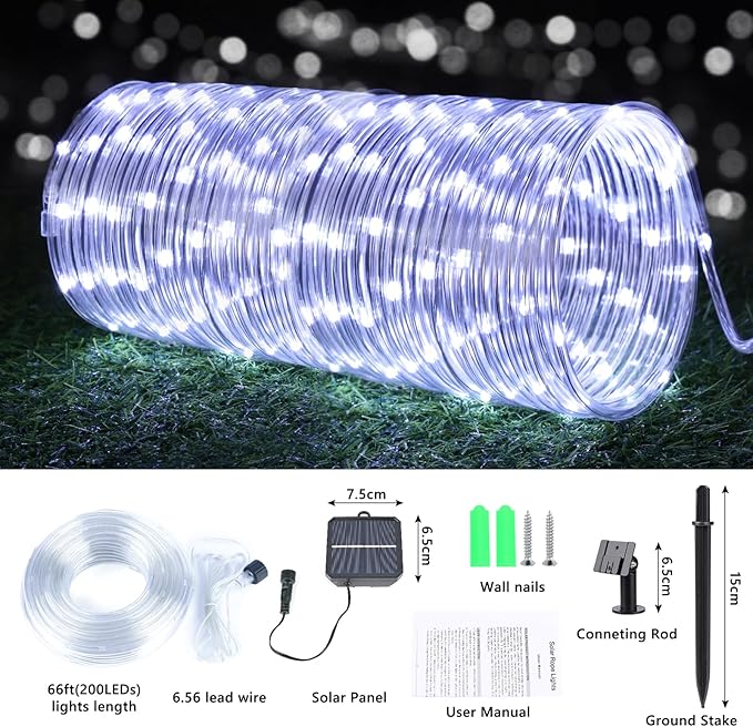 Solar Rope Lights, 66ft 200LED Solar String Lights, 8 Modes Waterproof Solar Powered Outdoor Light, Flexible Clear Tube Light for Garden, Backyard, Patio, Deck, Porch, Pool, Tree Decorative - White