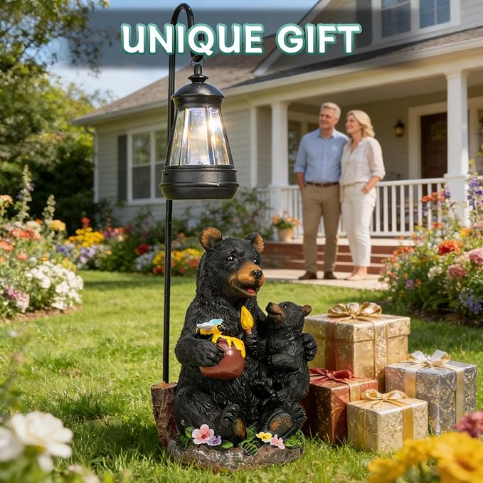 Pohabery Solar Bear Family Garden Statue with Lantern, Resin Mother and Baby Bear Figurine Outdoor Garden Decor