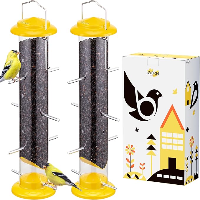 iBorn Finch Feeders for Outside,14 Inch Tube Bird Feeders for Outdoors Hanging,Metal Finch Feeders for Thistle Seed with 12 Small Ports,8 Metal Perches,Yellow,2 Pack