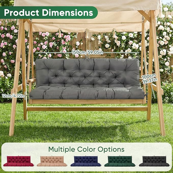 Porch Swing Cushions 60 Inch Waterproof,2 3-Seater Replacement for Outdoor Furniture with Backrest and Straps, Thick 4" Swing Seat Bench Cushion for Loveseat Glider Bench Patio Lawn Backyard
