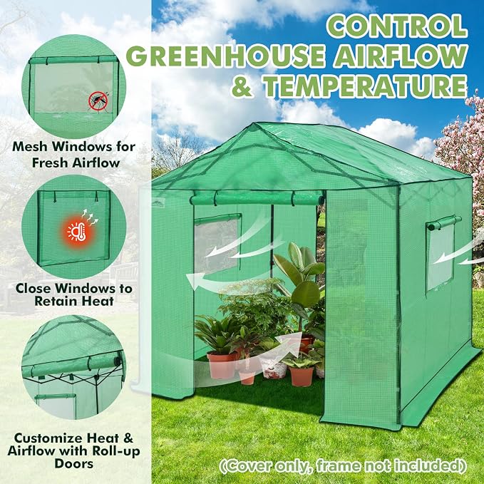 EAGLE PEAK Replacement Cover for 10x10 Gable Roof Pop up Greenhouse, Front and Rear Roll-Up Zipper Entry Doors and 2 Large Roll-Up Side Windows (Frame Not Included), Green