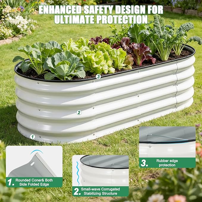 STBoo Galvanized Raised Garden Bed Outdoor, 2Pcs 4x2x1ft Oval Planter Box with Rubber Strip,Metal Raised Bed Kit for Vegetables Flowers Herbs, White