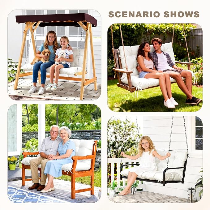 Porch Swing Cushion with Backrest, Waterproof Bench Cushion for Outdoor Furniture, 2-3 Seater Replacement Thickened Swing Cushion with Ties, Patio,Outdoor, Backyard and Garden (Cream,60x40in)