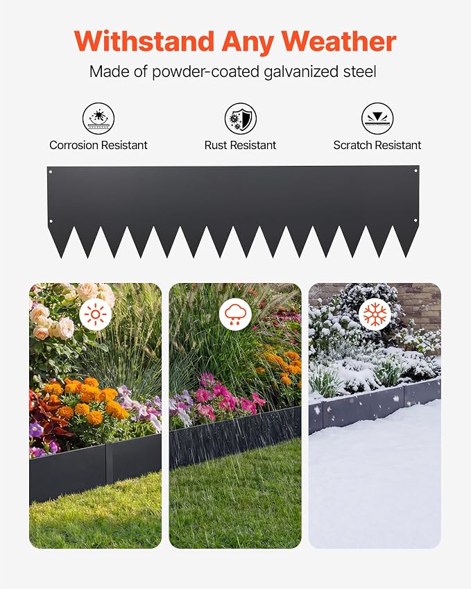 VEVOR Galvanized Steel Landscape Edging, 6-Pack 40 x 10 Inch Metal Edging for Landscaping with 8 Mounting Clips, Heavy Duty Metal Garden Edge Border for Flower Bed, Yard Pathway, Black