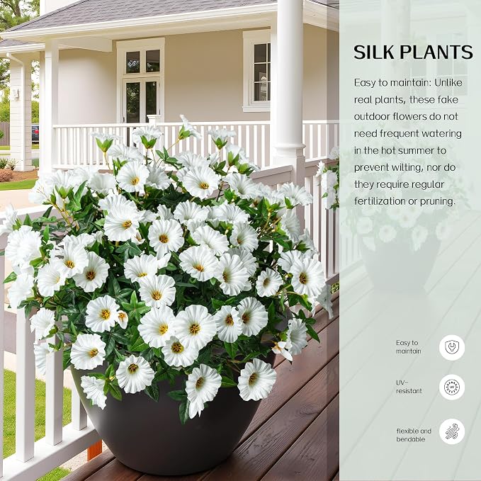Artificial Flowers for Outdoor Window Box & Porch Decor, UV Resistant Faux Hanging Morning Glory Flowers for Patio, Balcony Cottage Garden Realistic Outdoor Floral 13.3" No Pot (White) 8PCS