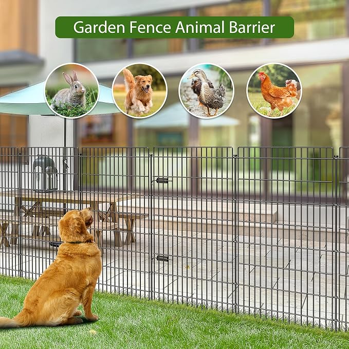 10 Panels Metal Garden Fences with Gate, 48 in (H) x 25.3 ft (L), Tall Dog Fence Outdoor Border Fence Temporary Animal Barrier, No Dig Ground Stakes Decorative Fencing for Yard Patio Outdoor, Black