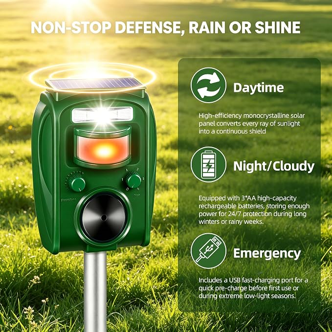 2Pack Upgraded Bird Deterrent Solar Animal Repellent Ultrasonic Outdoor with Motion Sensor Strobe Light for Pigeon Woodpecker Cat Rabbit Raccoon Squirrel Skunk Deer Repellent Devices for Yard Garden