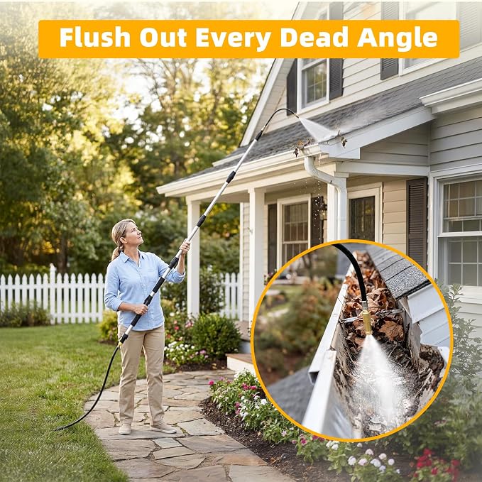 16FT Reach Gutter Cleaner, Gutter Cleaning Tools from the Ground with 3/4" Brass Shut-Off Valve & Bendable 360° Rotating Water Wand, Safe Cleaning for 2-Story Homes