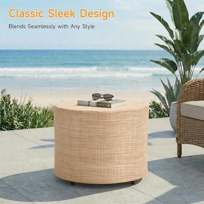 ONBRILL Outdoor Round Ottoman, All Weather Outdoor Footstool with Supportive Textliene, Patio Footrest with Sturdy Metal Frame, Multipurpose Outdoor Furniture for Patio, Balcony, Pool, Indoor, Beige