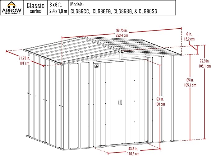 Arrow Classic Steel Storage Shed, 8x6, Charcoal
