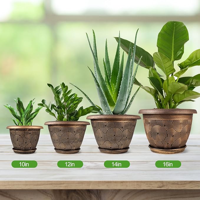 Fodetyff 12 Inch Large Planter Pot for Plants Indoor Outdoor, 4 Pack Plastic Flower Pots with Drainage Hole & Tray, Modern Decorative Garden Pot with Saucer, Plant Container for House