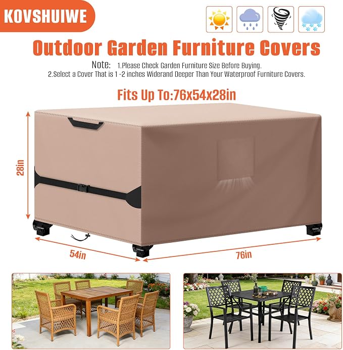 Kovshuiwe Rectangular Patio Table Cover, 76" L x 54" W x 28" H, Khaki | 600D Oxford Cloth, Waterproof, Shade and Rain Protection for Outdoor Dining Table and Chairs Furniture Cover