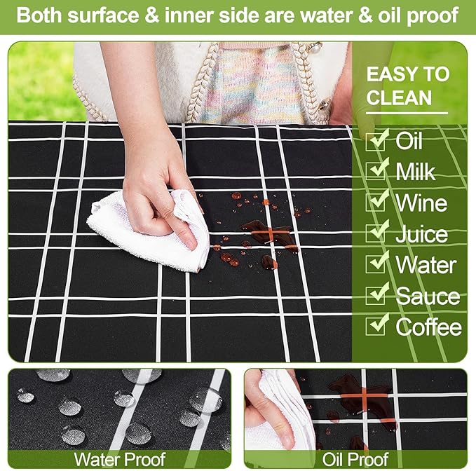 Picnic Table Cover with Bench Covers Camping Essentials Waterproof Windproof Camping Tablecloth with Drawstring Bag, Fitted Rectangle Tables and Seats, 72in, Black Checkered