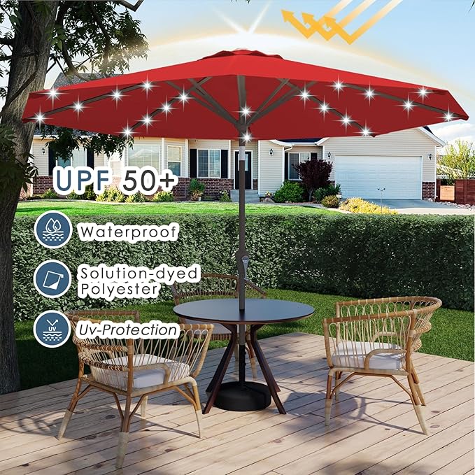 9FT Patio Umbrella with Solar Lights,Outdoor Market Umbrella with Tilt and Crank, LED Lighted Table Umbrella for Garden,Deck,Backyard,Pool,Beach