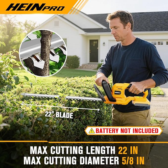 HEINPRO 22" Hedge Trimmer Cordless Compatible with Dewalt 20V MAX Battery, Electric Hedge Trimmer Cordless, Battery Powered Hedge Trimmers, Bush Trimmer for Garden, Shrubs(Battery not Included)