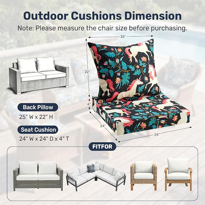 UNIKOME Outdoor Seat Cushions 24 X 24 X 4 Inch, Waterproof & Fade Resistant Patio Furniture Replacement Cushions with Removable Cover for Chair, Sofa, Couch, Wicker, Unicorn