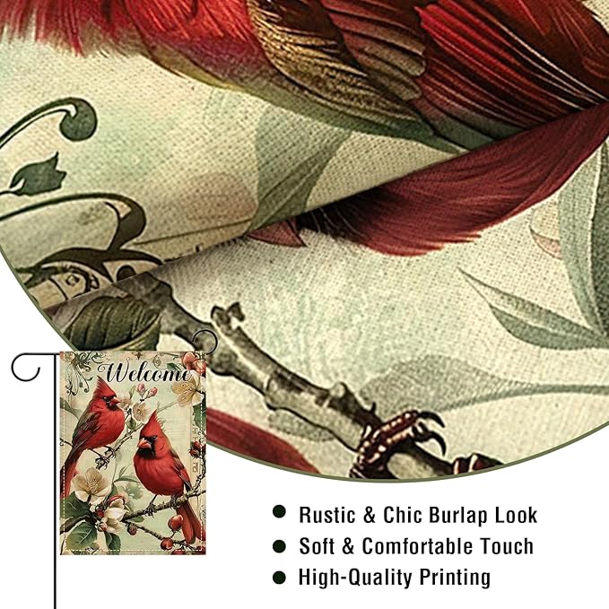 Artofy Welcome Cardinal Small Decorative Garden Flag, Vintage Red Birds Magnolia Flower Yard Lawn Outside Decor, Retro Spring Summer Floral Burlap Outdoor Home Decoration Double Sided 12 x 18