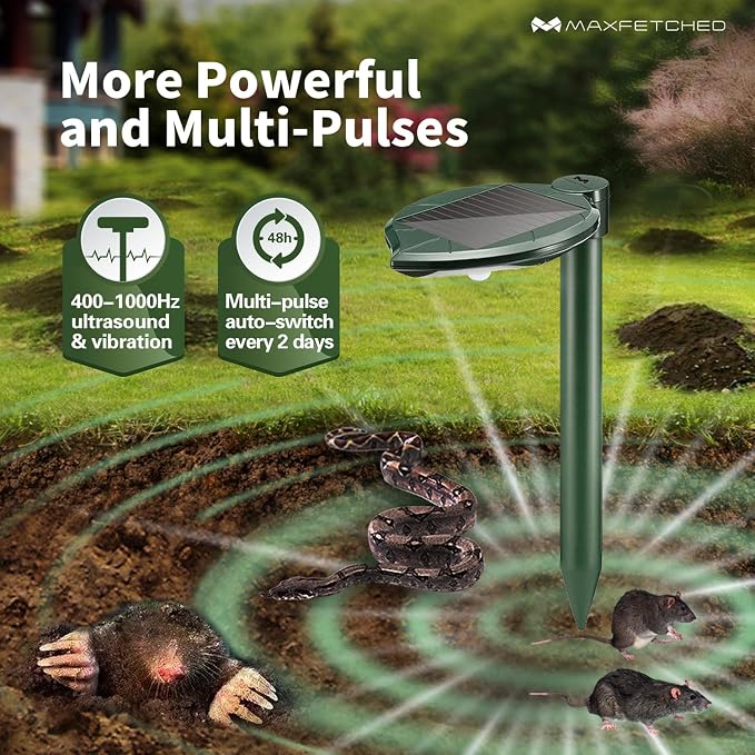 Ultrasonic Snake Repellent for Yard Solar-Powered, 2 Pack | Also Repels Moles, Voles, Gophers. 14.5" Deep-Stakes Drive, Oversized Solar Panel, LED light, Waterproof, Pet Safe