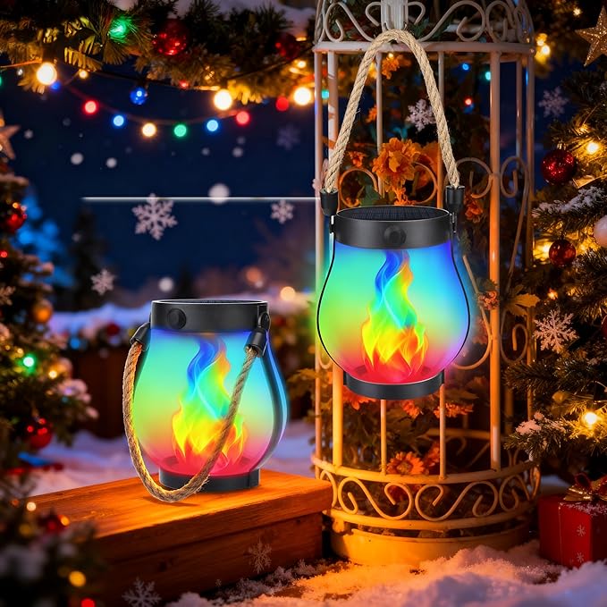 Jyoiat Christmas Solar Flame Lanterns Hanging Outdoor Waterproof - 2 Pack Flame Lanterns with Dual Charging Modes of Solar & USB for Garden or Yard Christmas Decorations (Multicolor - 2 Pack)