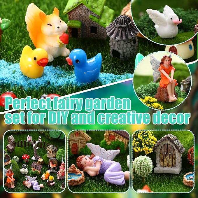 100 Pcs Fairy Garden House Resin Kit Glowing Tree House Miniature Garden Fairy Animals Garden Accessories Decor Outdoor Mini Landscape Ornaments