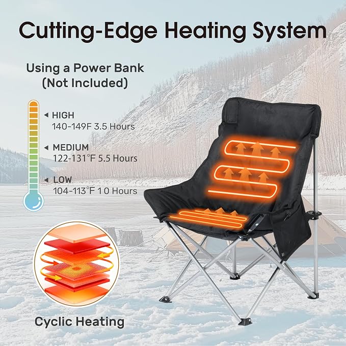 SunSettler Heated Camping Chair, Oversized Heated Outdoor Chairs for Adults with 3 Heat Levels, Portable Folding Padded Chair for Camp, Lawn, Sports (Battery NOT Included) (Black, Small)