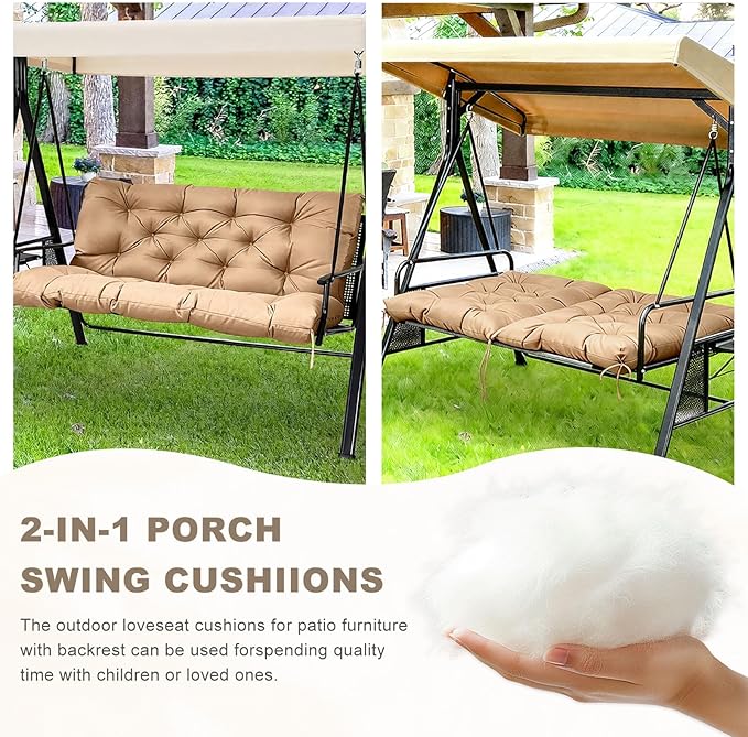 Porch Swing Cushion with Backrest,Waterproof Bench Cushion for Outdoor Furniture,2-3 Seater Replacement Thickened Swing Cushion with Ties,Patio,Outdoor,Backyard and Garden (Khaki,47x40)