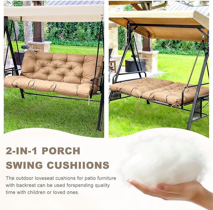 Porch Swing Cushion with Backrest, Waterproof Bench Cushion for Outdoor Furniture, 2-3 Seater Replacement Thickened Swing Cushion with Ties, Patio Outdoor Backyard and Garden (Khaki,40x40in)