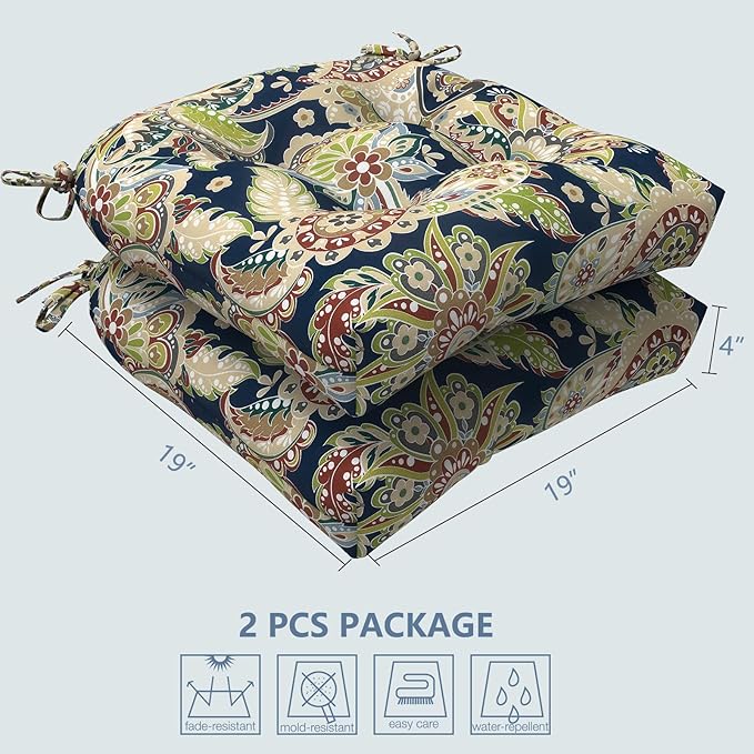 LVTXIII Outdoor/Indoor Tufted Seat Cushion, Decorative Wicker Chair Pads All Weather Seat Cushion Sets for Patio Garden Home Office Furniture, 19"x19"x4", Round Back, Pack of 2, Paisley Sapphire Blue