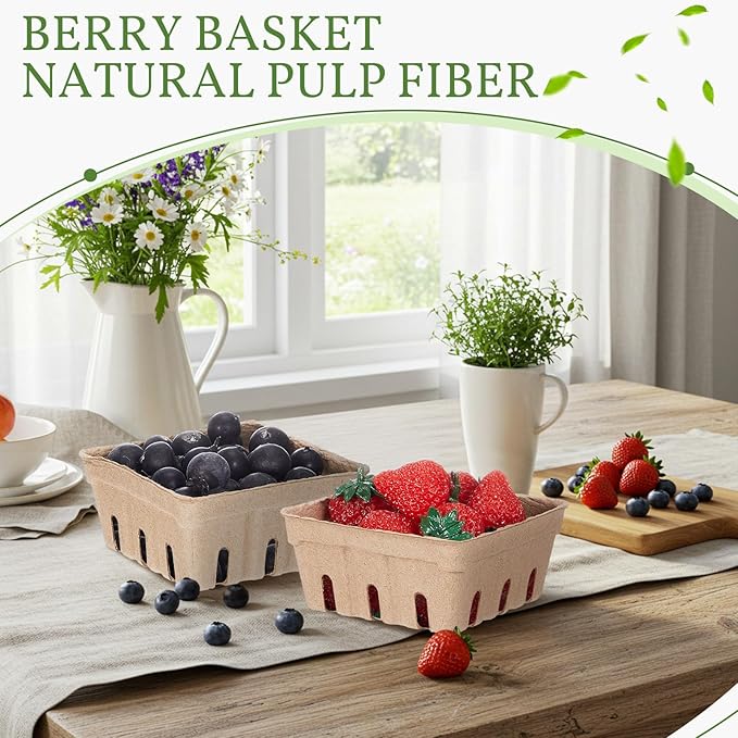 Reallnaive 50 Pack Natural Pulp Fiber Berry Baskets 1/2 Pint, Small Molded Produce Vented Basket for Strawberry, Blueberry, Raspberry, Vegetables, Farmers Market, Fruit Picking, Garden Harvest, Party