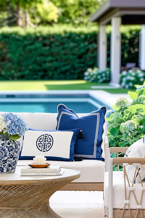 Hofdeco Premium Coastal Hampton Patio Indoor Outdoor Lumbar Pillow Cover Only, 12"x20" Water Repellent for Backyard, Couch, Poolside, Navy Blue Embroidered Double Happiness Symbol