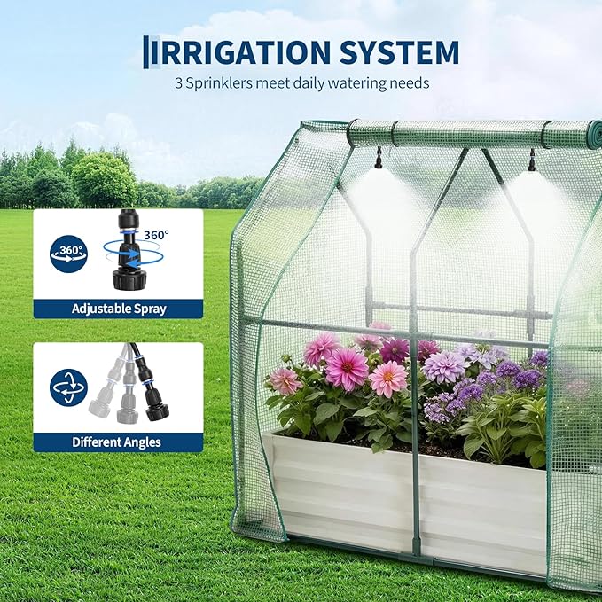 Garvee 48"x24"x12" Raised Garden Bed Kit with Pitched Roof Greenhouse Cover & Irrigation, 3-in-1 Metal Planter Box with Self-Watering System & Insect Mesh, Outdoor Raised Bed for Vegetables Flowers