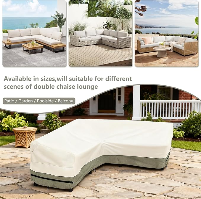 okcool Outdoor Sectional Cover,V Shaped Patio Furniture Covers for 5-Seater Outdoor Sectional Furniture Couch 85"(85''L) x 33.5''D x 31''H,White&Grayish Green