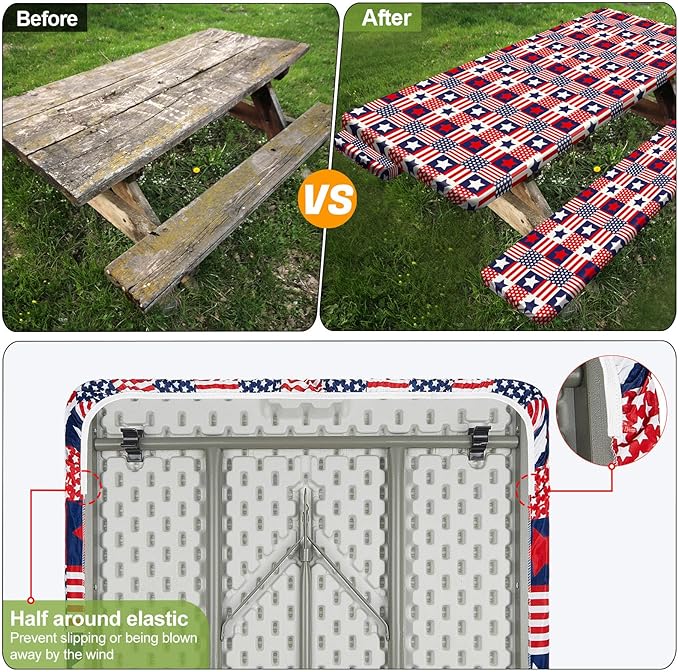 Picnic Table Cover with Bench Covers Camping Essentials Waterproof Windproof Camping Tablecloth with Drawstring Bag, Fitted Rectangle Tables and Seats, 60in, Red Blue Checkered