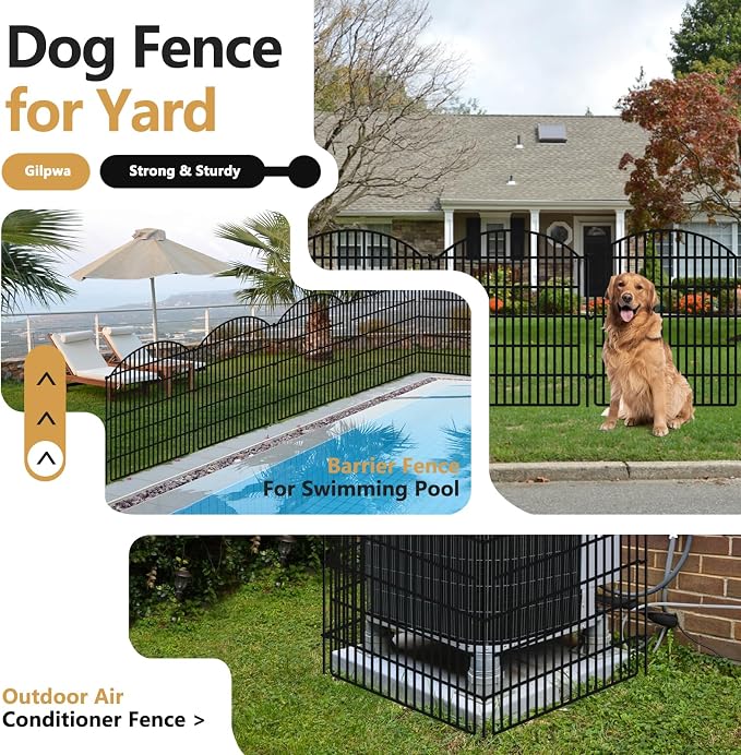 10 Panels Garden Fence Animal Barrier, 33 in(H) X 24 ft(L) Dog Fence Outdoor for Yard Rustproof No Dig Fencing Decorative Metal Wire Panel Border for Rabbits, Flower Bed Patio Temporary Ground Stakes