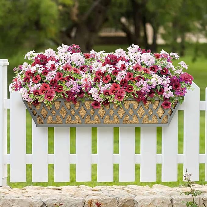 4 Pack 30 Inch Window Boxes Planters Railing Planter Box with Adjustable Brackets for Porch Fence Patio Balcony Hanging Flower Baskets with Coco Liners for Outdoor Garden Decor - Dark Grey