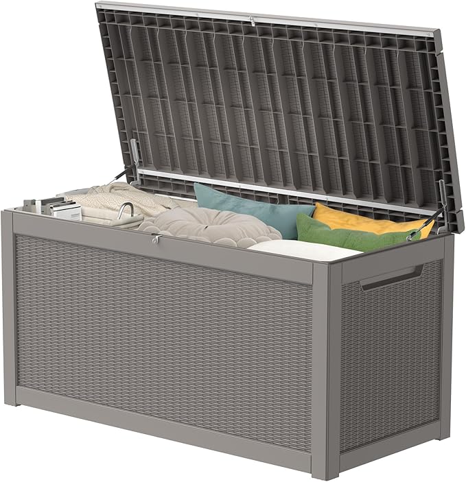 Outdoor Storage Box 325GAL Waterproof Resin Deck Box,Pool Accessories Supplies，UV-Resistant Lockable Package Delivery Bin for Garden Tools,Large Patio Outside Cushions,Chest,Furniture,Grey