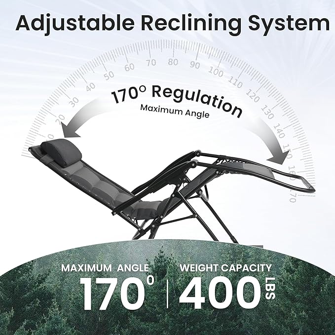 Zero Gravity Chair Oversized Padded Recliner with Adjustable Headrest & Cup Holder - XL 600D Oxford Folding Lounge Chair for Outdoor Camping, Patio, Poolside (Upgraded Black & Gray)