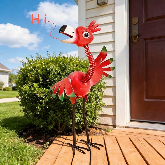 Natelf Funny Outdoor Metal Welcome Flamingo Garden Yard Statue | Waterproof and Rust-proof Whimsical Pink Bird Sculpture for, Porch, Patio, Backyard Decor, 21.46''