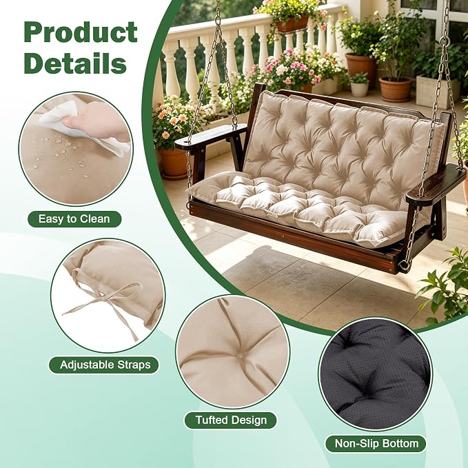 Porch Swing Cushions, 47x40 Inch Swing Cushions for Outdoor Furniture, Waterproof 2-3 Seater Patio Seat Cushion with Backrest, Replacement Bench Cushion for Glider, Settee, Beige