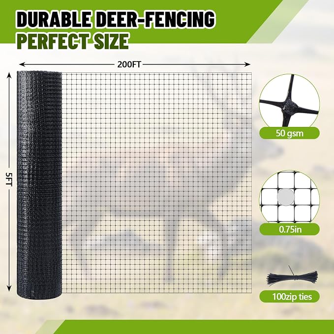Gisafai 5x200ft (50gsm) Deer and Animal Fence Barrier Netting with 100 Zip Ties, Plastic Heavy Duty Mesh Fence Barrier, Ideal for Garden Netting, Against Bird, Fruit Plant Protection, Black