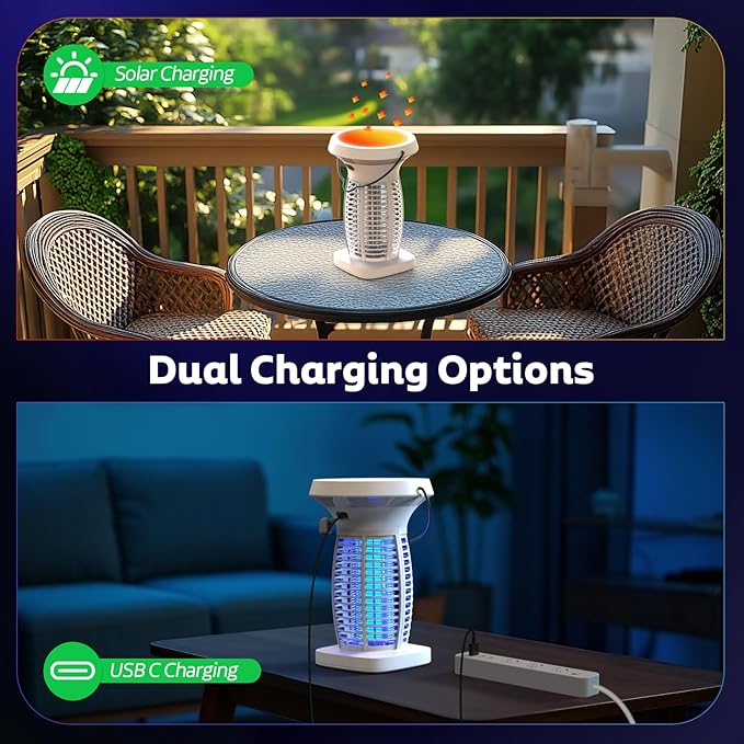 OnBeam Solar Bug Zapper Outdoor, Mosquito Zapper Outdoor Waterproof Electric Fly Zapper Rechargeable Mosquito Killer with Solar Panel, 4200V Fly Trap Indoor for Home Backyard, Patio, Garden, Camping