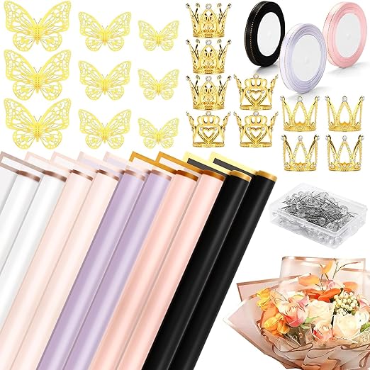 Floral Wrapping Paper Kit, 100 Sheets Valentines Bouquet Wrapping Paper 100 Flower Pins 60 Butterfly Decorations 8 Gold Crowns and 3 Ribbons for Florist Wrapping Supplies Wedding Mother's Day