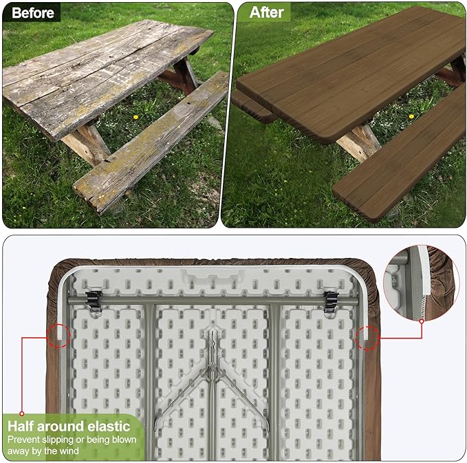 Play Tailor Picnic Table Cover with Bench Covers Camping Essentials Waterproof Windproof Camping Tablecloth with Drawstring Bag, Fitted Rectangle Tables and Seats, 72in, Dark Brown