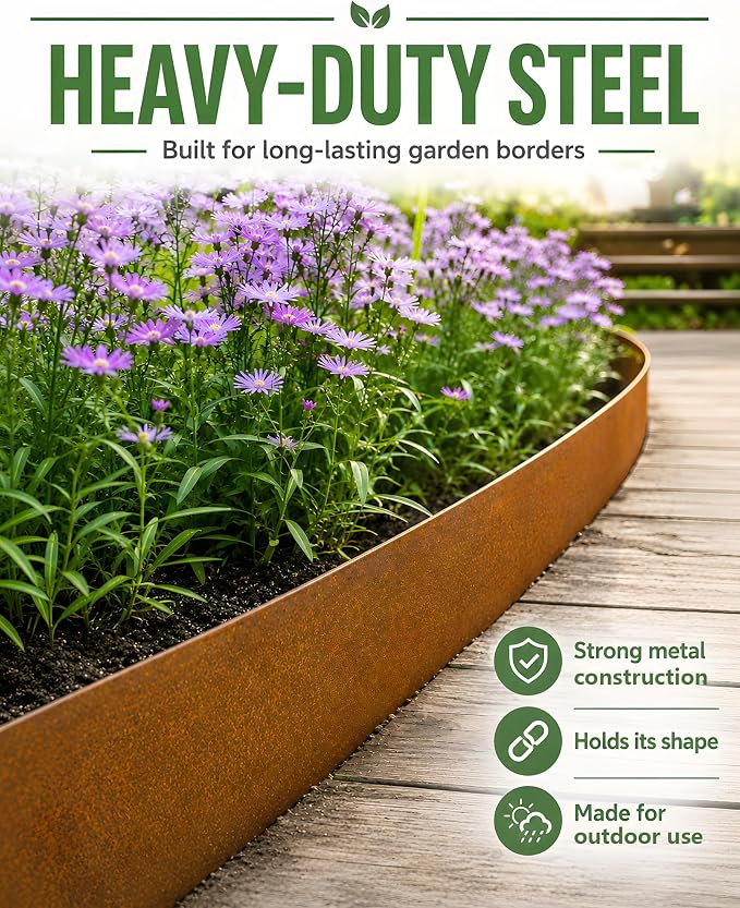 20ft Pre Rusted Cor Ten Steel Landscape Edging 8 in Low Profile Metal Garden Border No Dig Hammer in Lawn Edging Kit with 6 Panels 6 Clamps for Flower Bed Yard Pathway