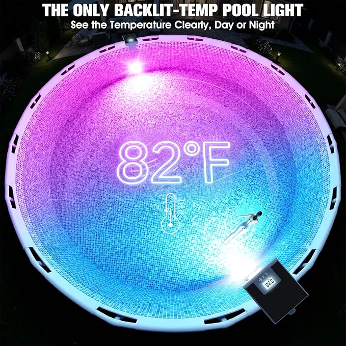 Solar Pool Lights for Metal Frame Above Ground Pool, Upgraded Solar Lights w/LCD Pool Thermometer,Underwater Led Lights for Pool Accessories,Swimming Pool Lighting with 10 Light Modes,1PC