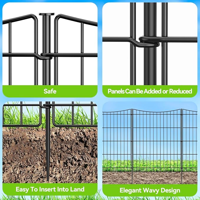 INJOPEXI Decorative Garden Fence 6 Panels 11.8ft(L)×30in(H) Garden Fences Outdoor with 6 Panels Rustproof Metal Wire No Dig Temporary Animal Barrier Fencing for Backyard Patio - Without Fence Gate